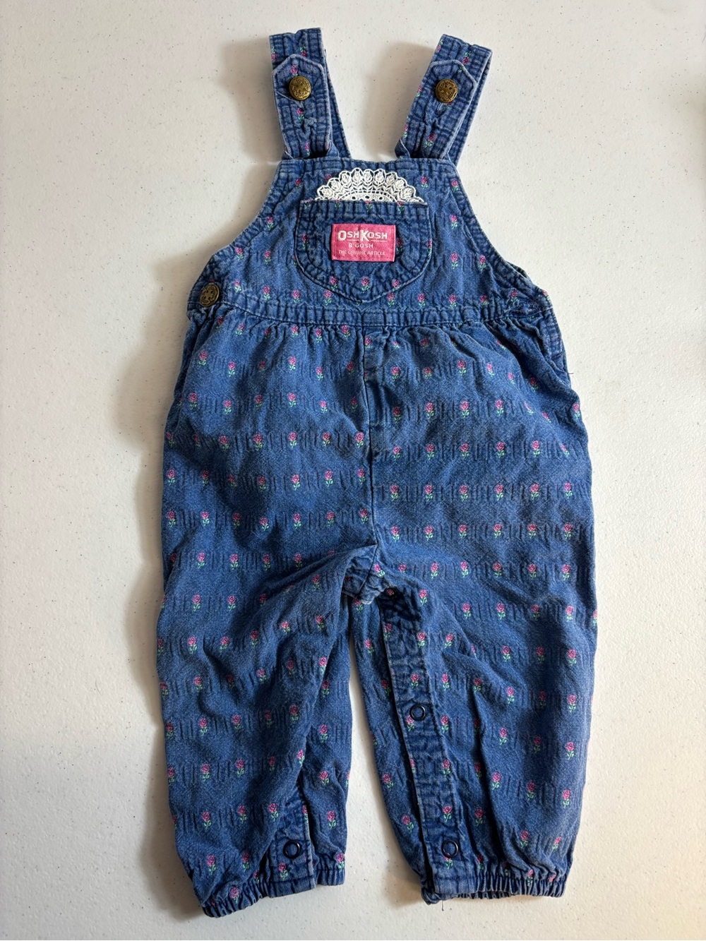 Vintage OshKosh Denim Pink Flowers Roses Overalls Size 18 months